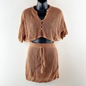 Crochet Cropped Short Sleeve Top and Mini Skirt Matching Cover Up Set Brown S